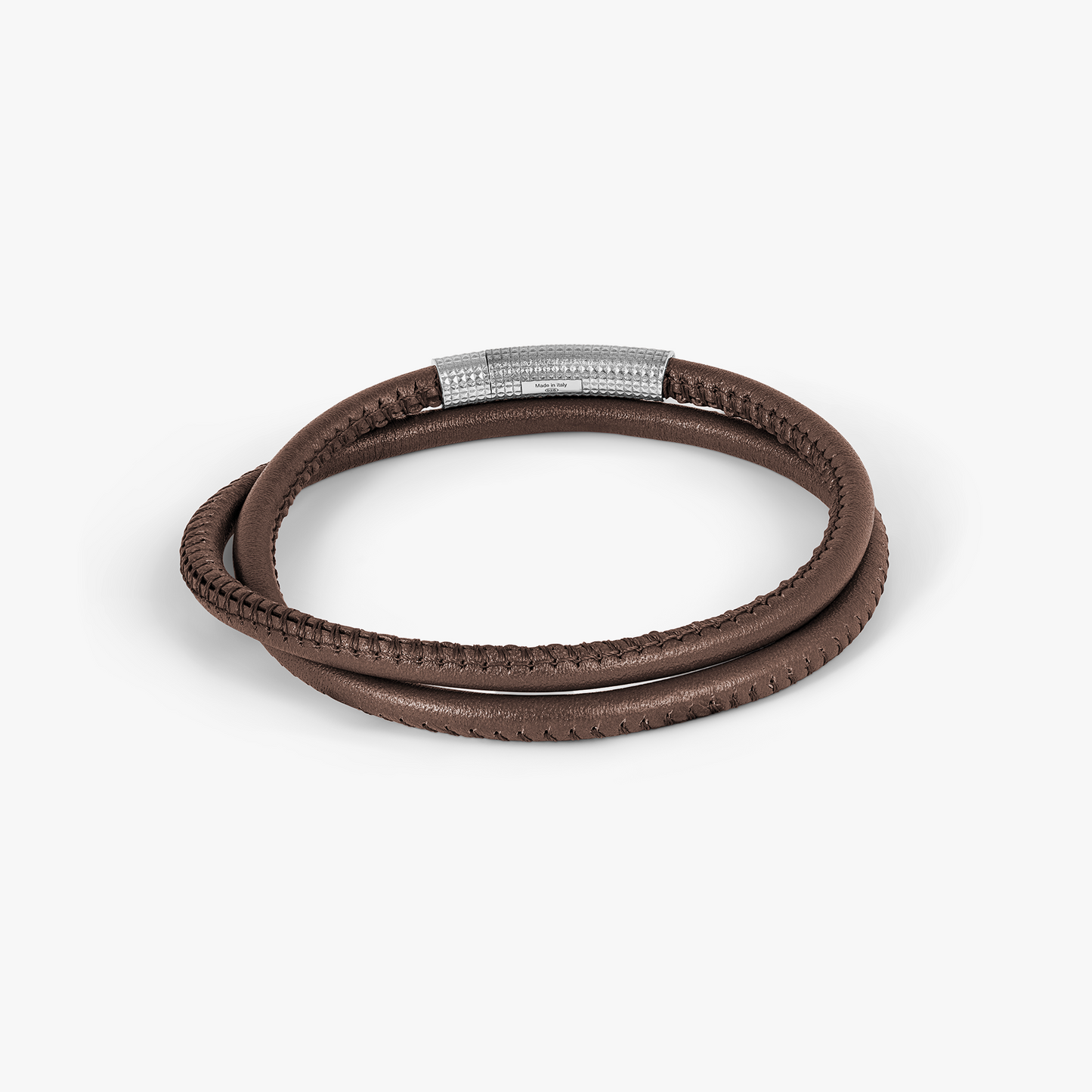 Giza Click Stitch Pelle Bracelet In Rhodium & Brown Leather