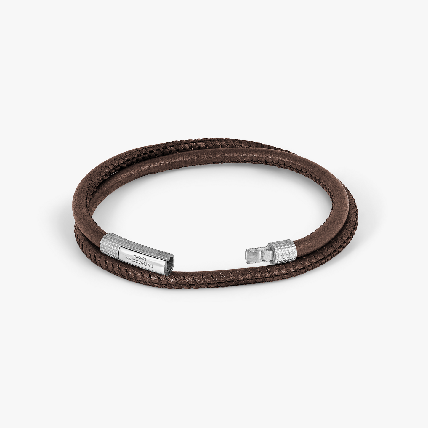 Giza Click Stitch Pelle Bracelet In Rhodium & Brown Leather