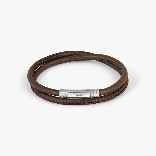 Giza Click Stitch Pelle Bracelet In Rhodium & Brown Leather