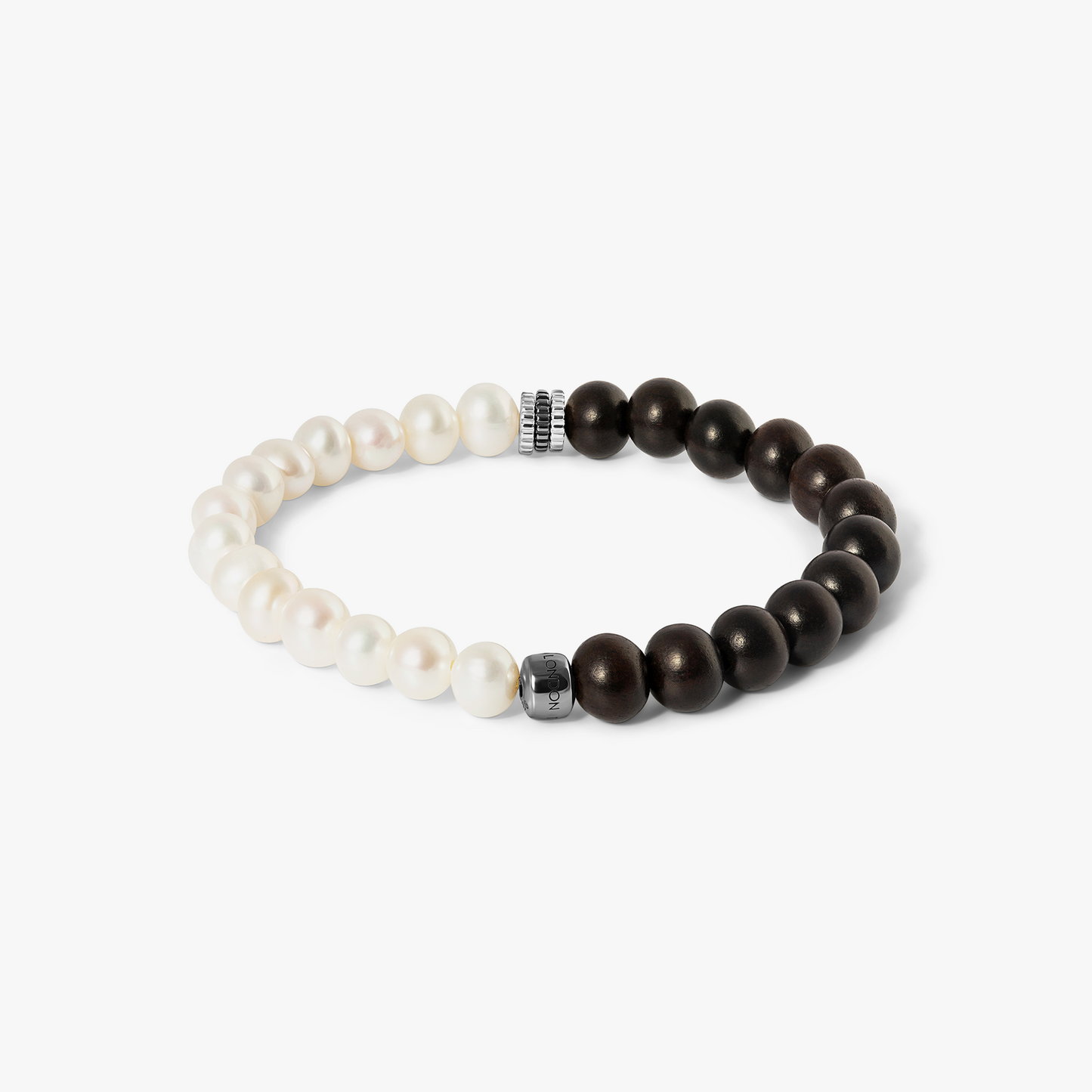 Gear Trio Bracelet In Ruthenium Plated Silver With Wood Beads & White Pearls