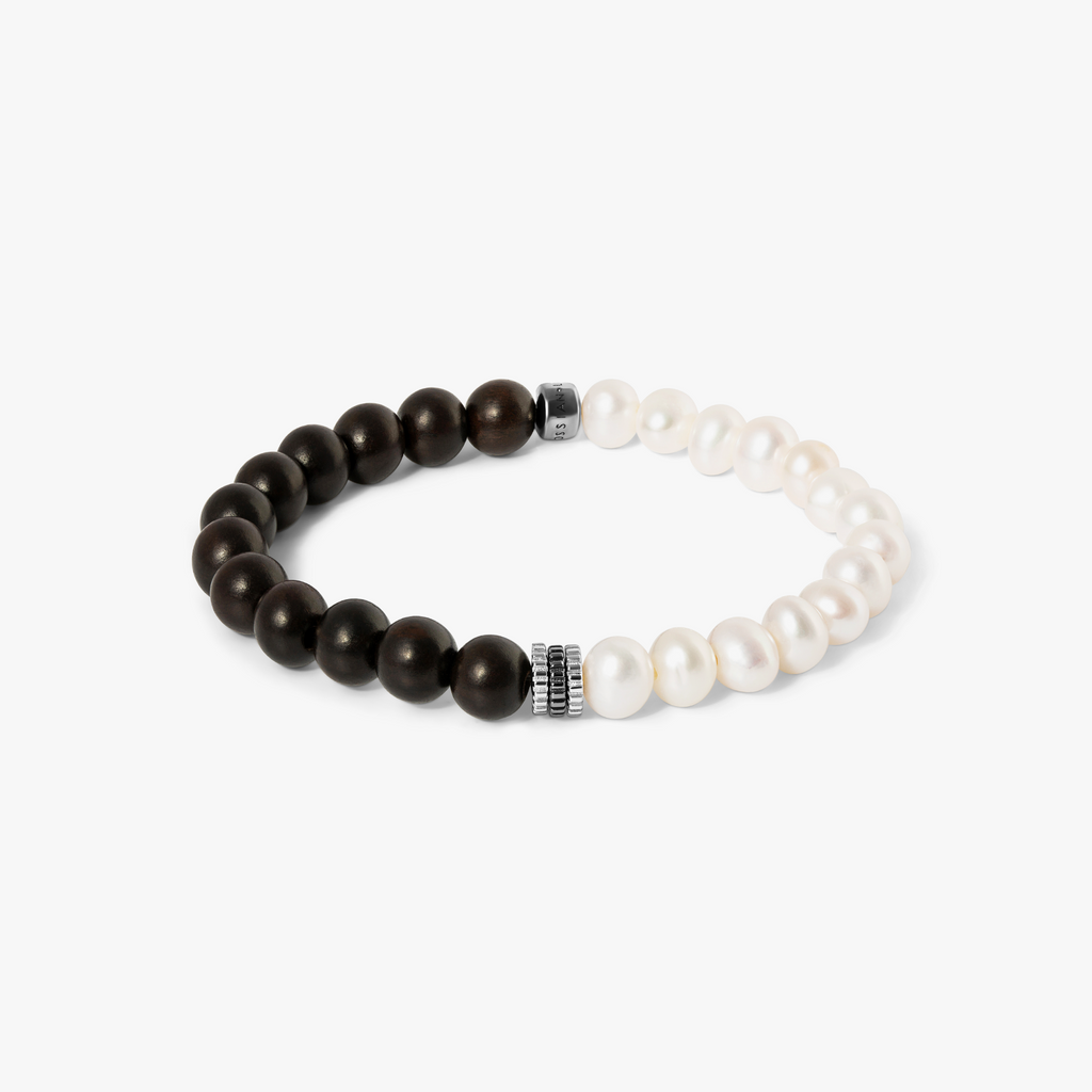 Gear Trio Semi - Precious Bracelet In Ruthenium Plated Silver With Wood Beads & White Pearls