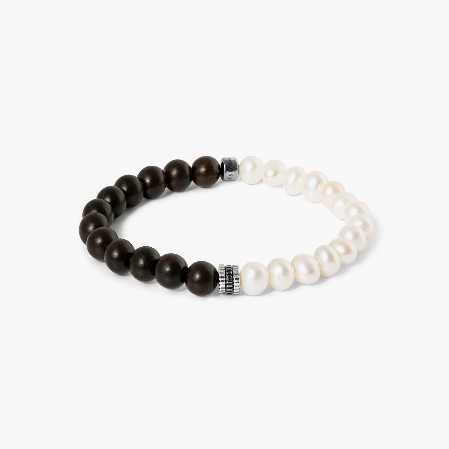 Gear Trio Bracelet In Ruthenium Plated Silver With Wood Beads & White Pearls