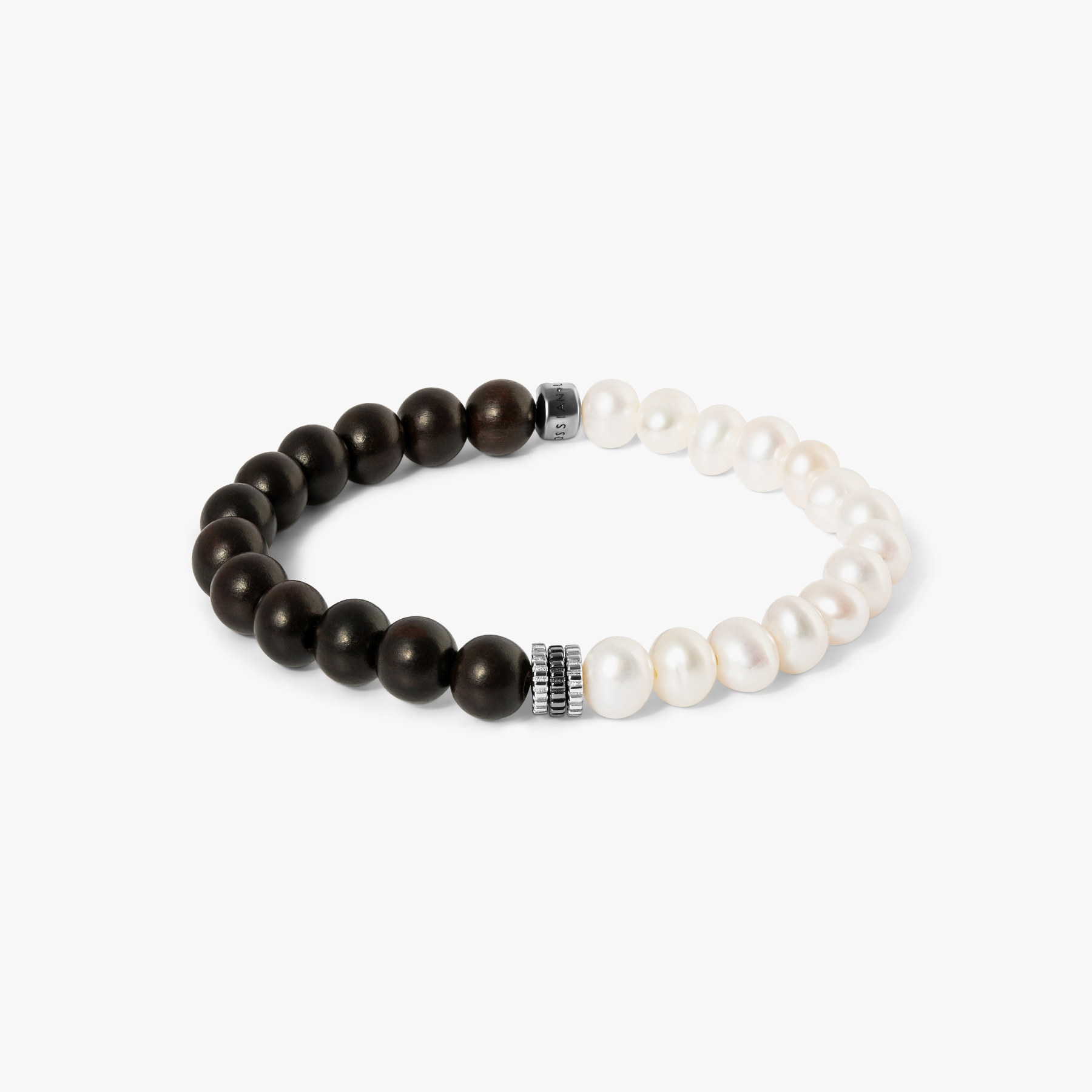Gear Trio Semi - Precious Bracelet In Ruthenium Plated Silver With Wood Beads & White Pearls