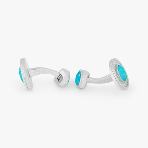 Cable Oval Cufflinks in Rhodium & Turquoise