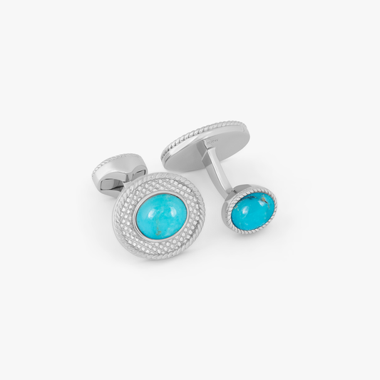 Cable Oval Cufflinks in Rhodium Plated Silver and Turquoise