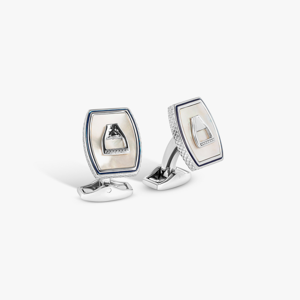 Ascot Stirrup Cufflinks in Palladium plated & White Mother of Pearl
