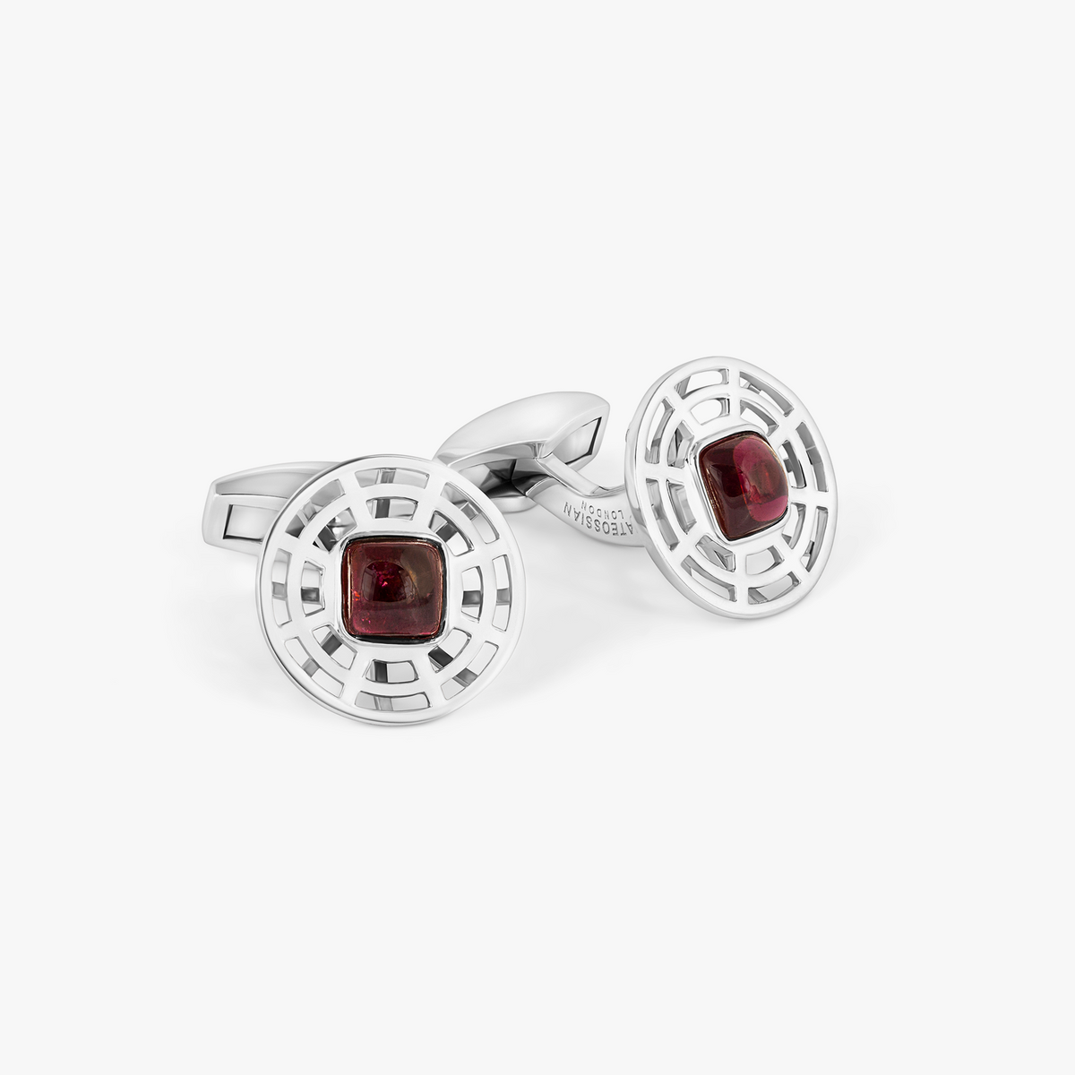 Satellite Cufflinks in Red Tourmaline and Rhodium Plated Sterling Silver