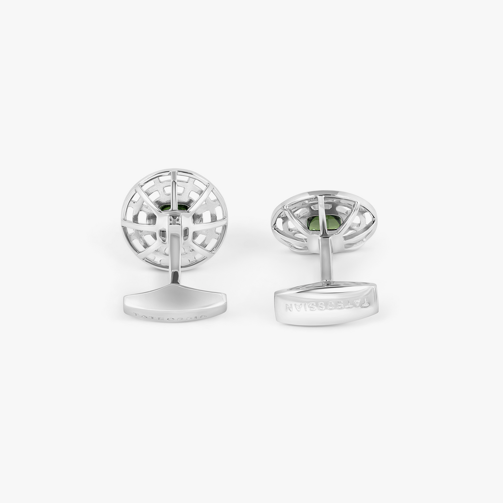 Satellite Cufflinks in Green Tourmaline and Rhodium Plated Sterling Silver