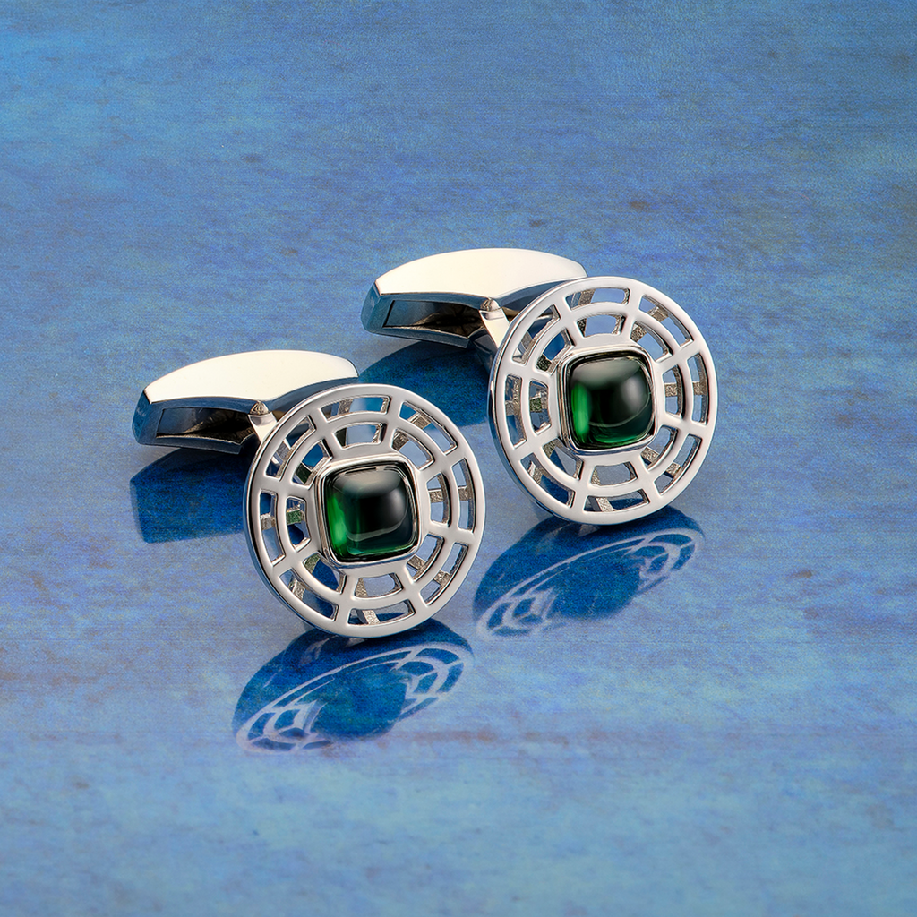 Satellite Cufflinks in Green Tourmaline and Rhodium Plated Sterling Silver