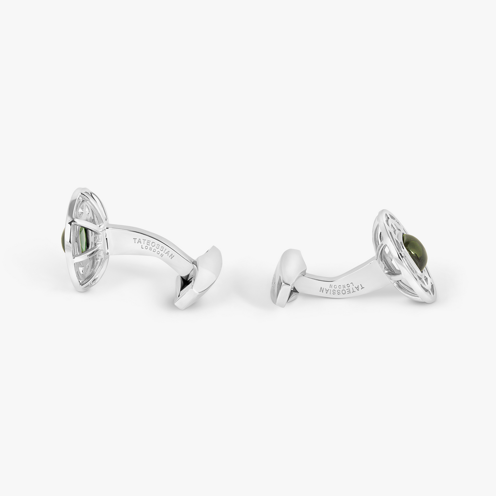 Satellite Cufflinks in Green Tourmaline and Rhodium Plated Sterling Silver