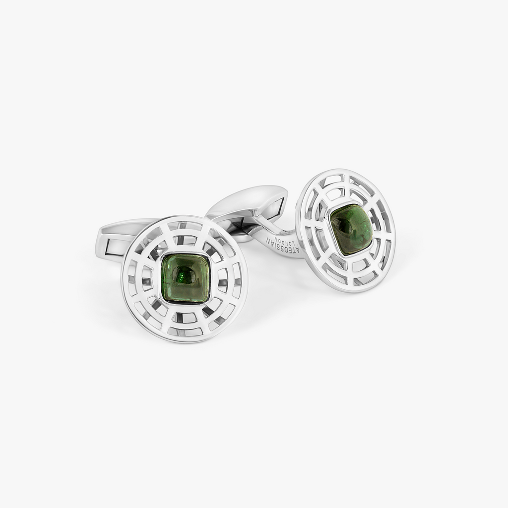 Satellite Cufflinks in Green Tourmaline and Rhodium Plated Sterling Silver