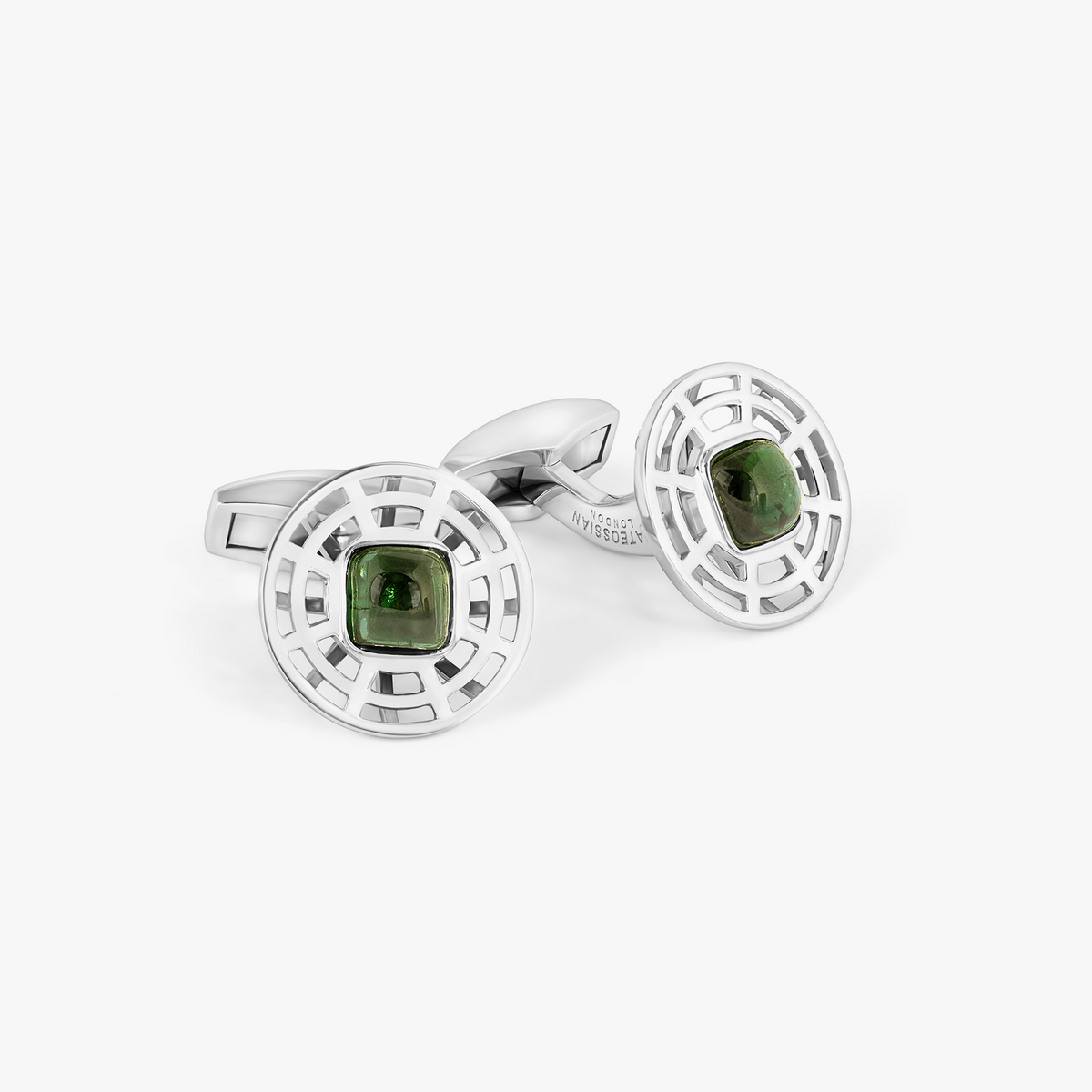 Satellite Cufflinks in Green Tourmaline and Rhodium Plated Sterling Silver