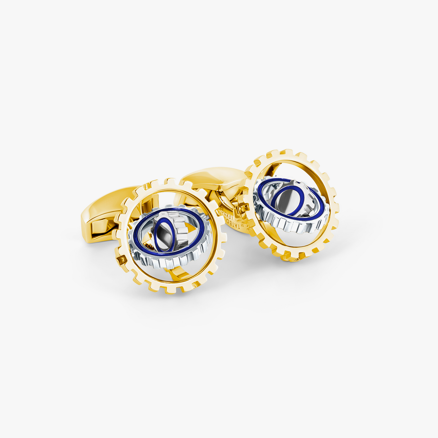 Orbit Gear Cufflinks in Yellow Gold Plated & Blue Enamel