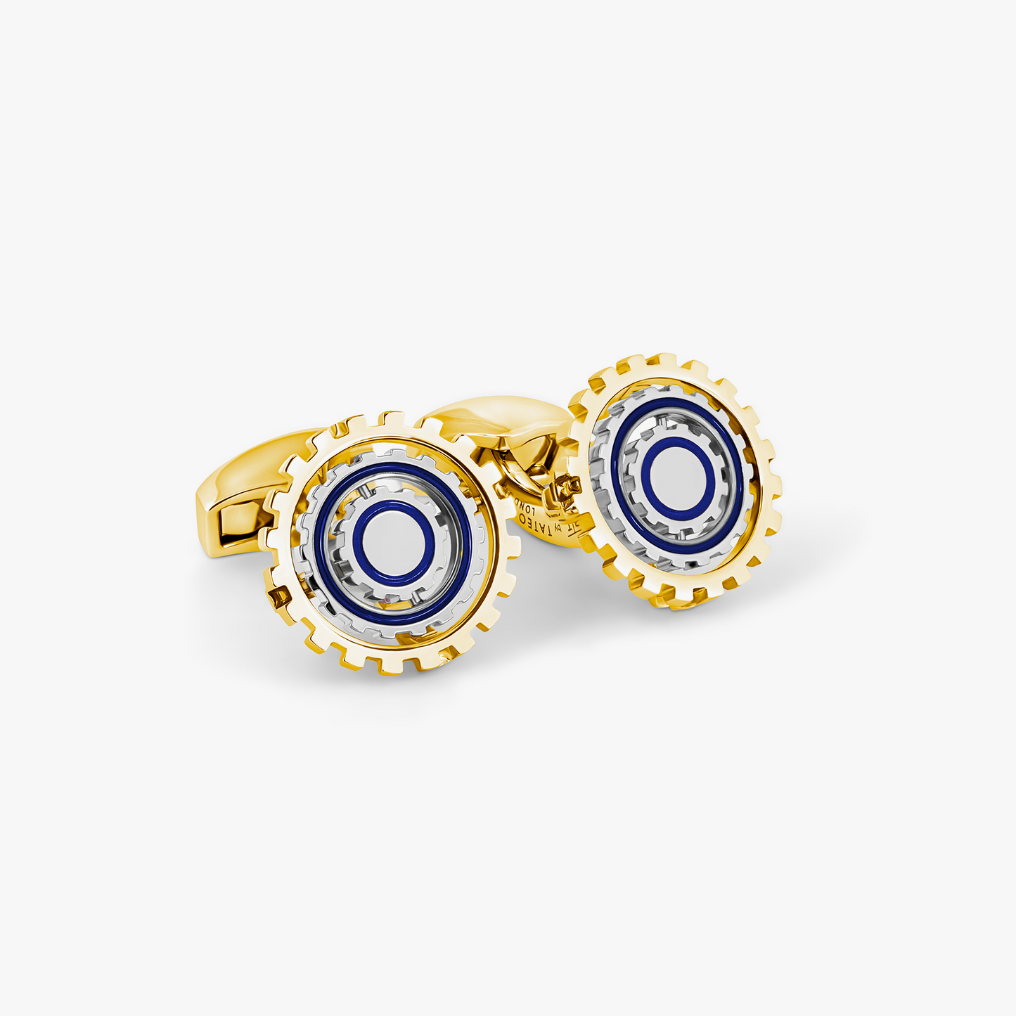 Orbit Gear Cufflinks in Yellow Gold Plated & Blue Enamel