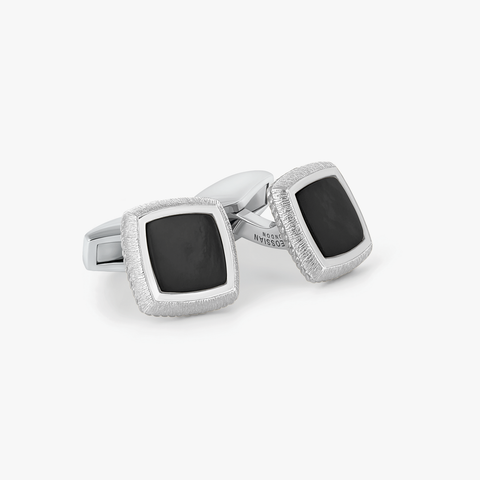 Graffiato Square Cufflinks in White Rhodium & Onyx