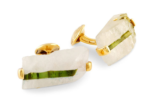 Green Tourmaline Quartz (86.81Ct) Cufflinks In Yellow Gold - From Brazil