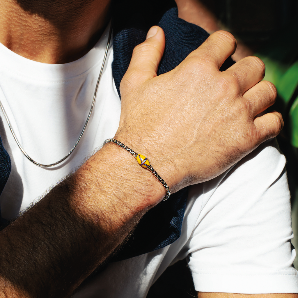 French Cross Chain Bracelet In Rhodium Plated Sterling Silver With Yellow French Cross Bead