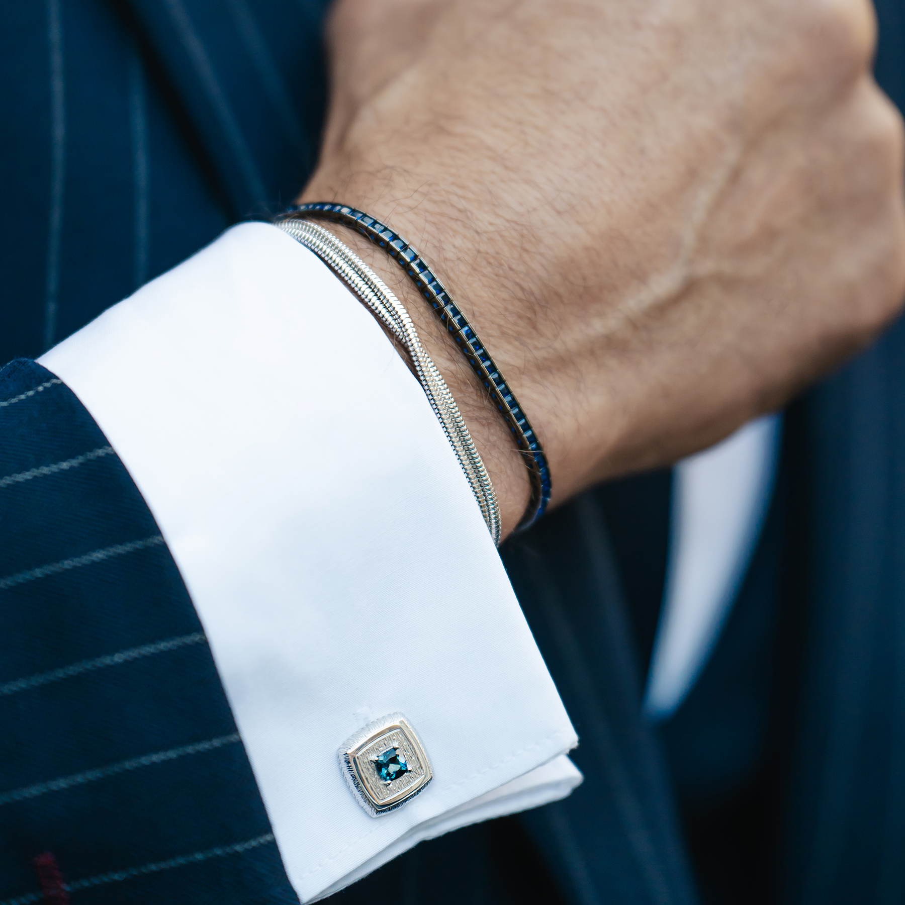 Quadro Tennis Semi-Precious Bracelet In Black Rhodium Plated Sterling Silver With Blue Spinel