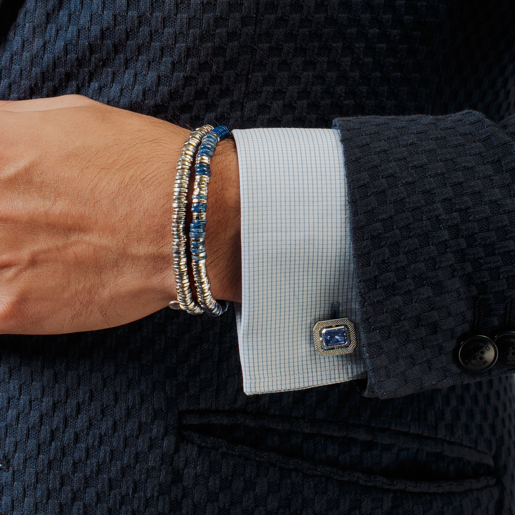 Halo rectangle Blue Cubic Zirconia Cufflinks In Rhodium Plated