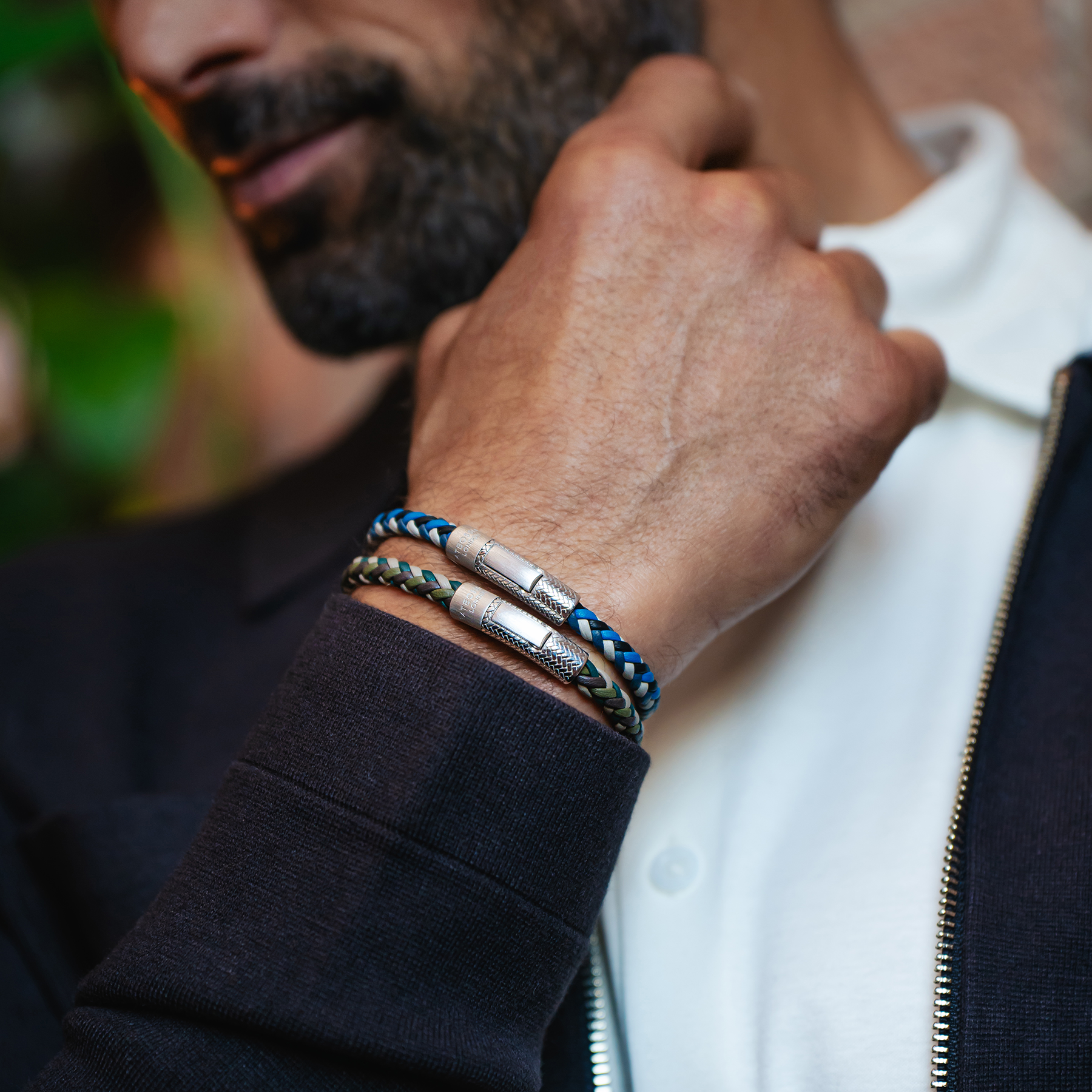 Herringbone Click Multi Pelle Bracelet In Rhodium Plated Sterling Silver With Khaki Leather
