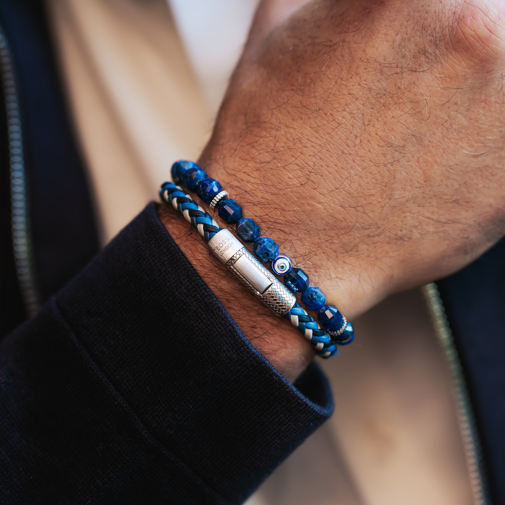 Herringbone Click Multi Pelle Bracelet In Rhodium Plated Sterling Silver With Blue Leather