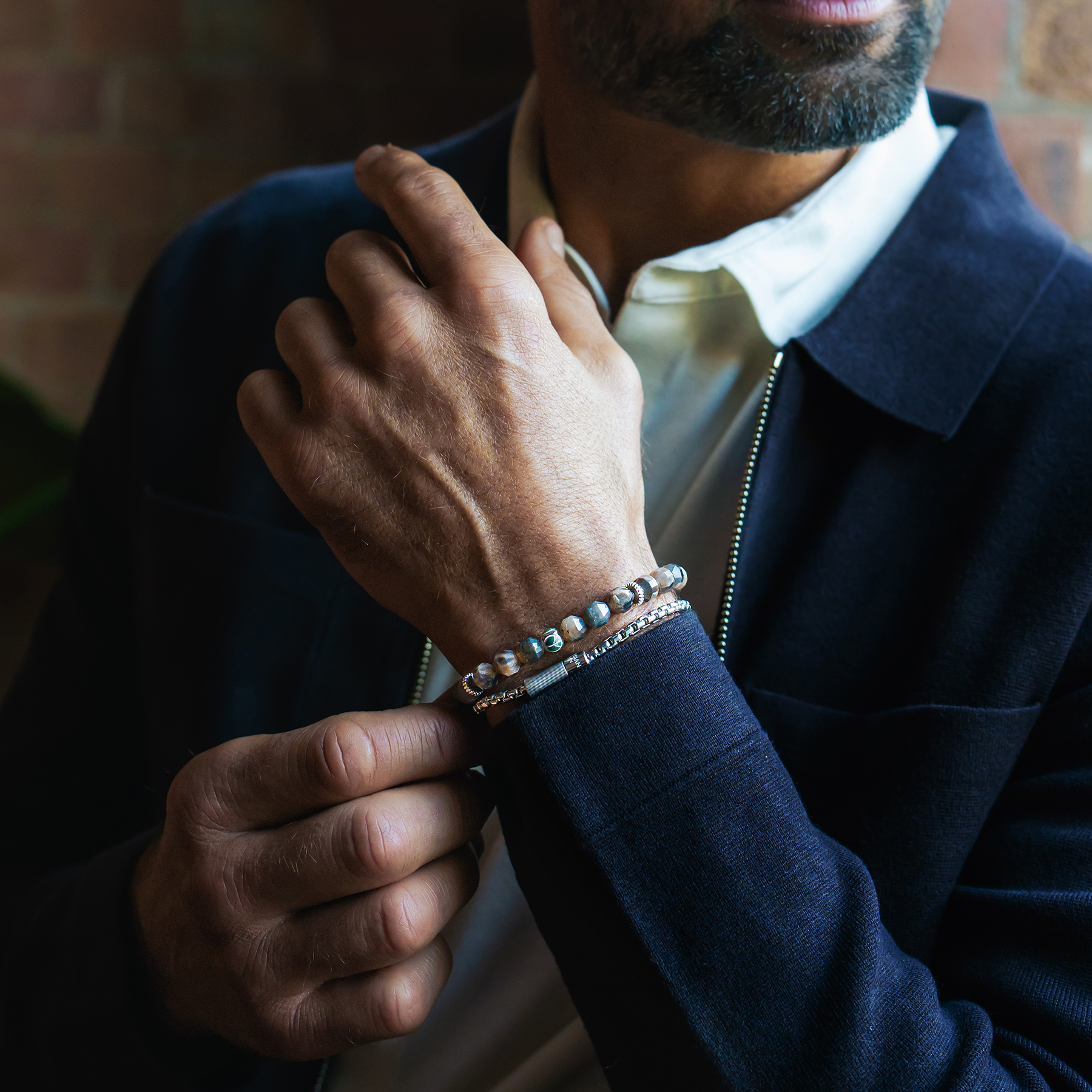 Hexade Peace Bracelet In Rhodium Plated Sterling Silver With Black Moonstone