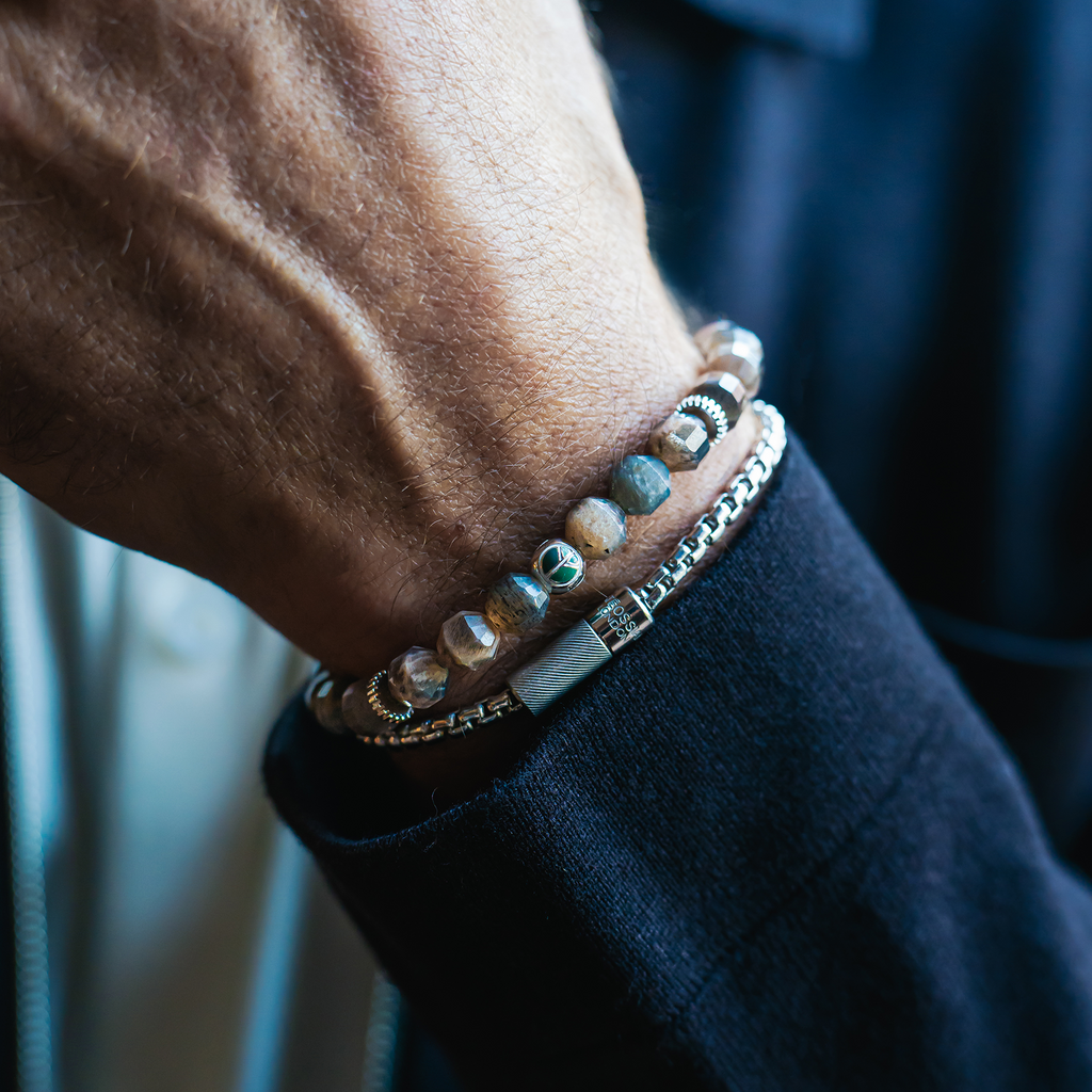 Hexade Peace Bracelet In Rhodium Plated Sterling Silver With Black Moonstone
