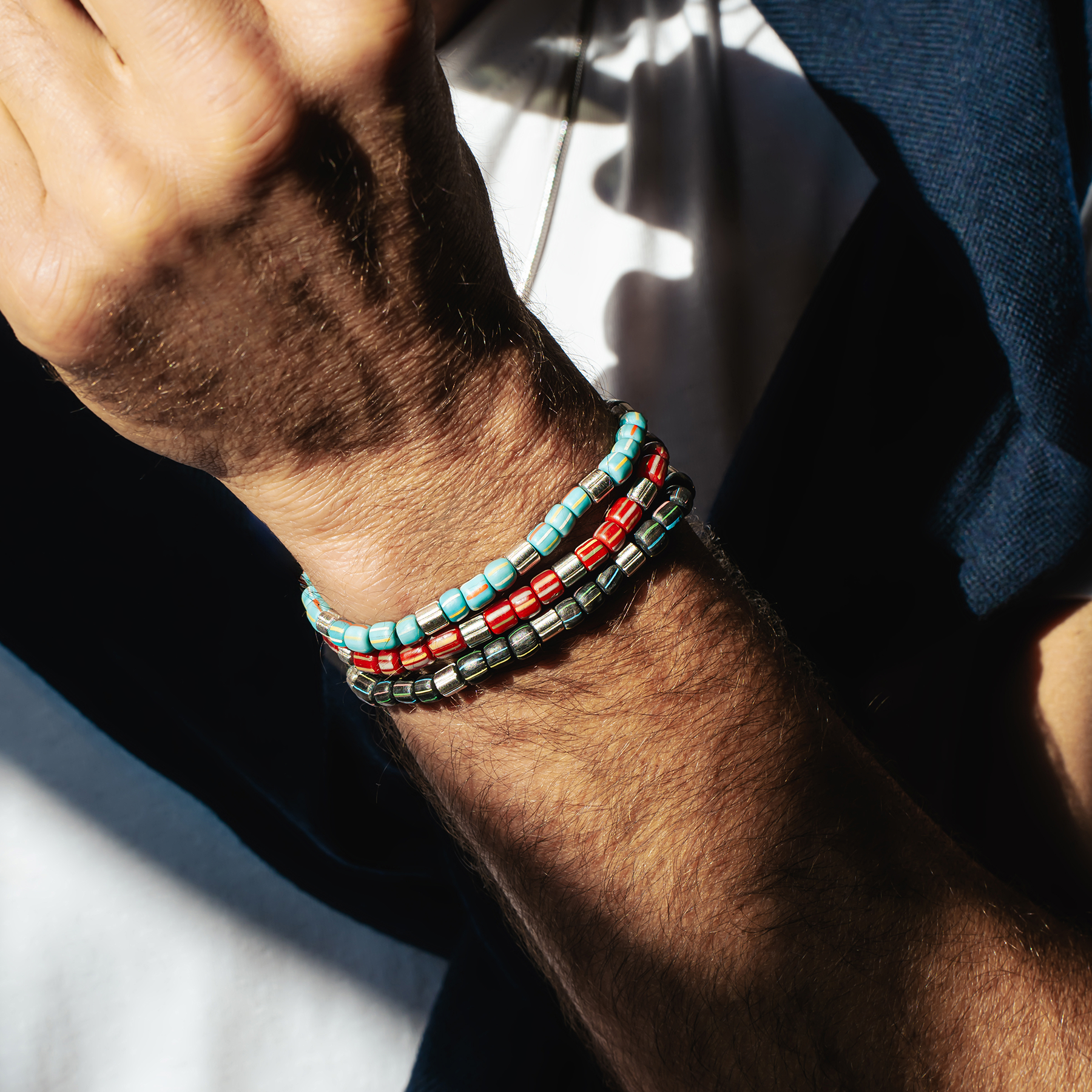 Java Stripes Bracelet In Red Java Glass With Sterling Silver