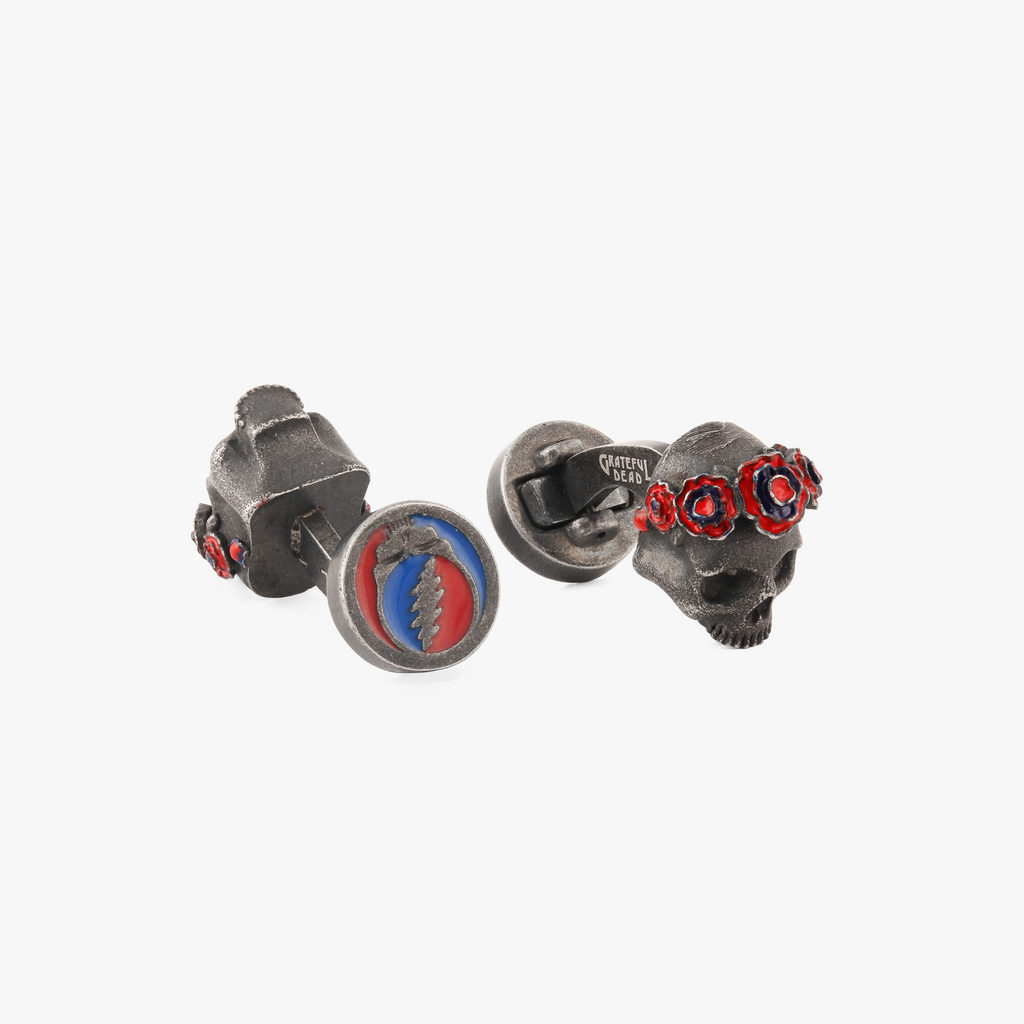 Black IP Plated Stainless Steel Gothic Roses Skull Cufflinks