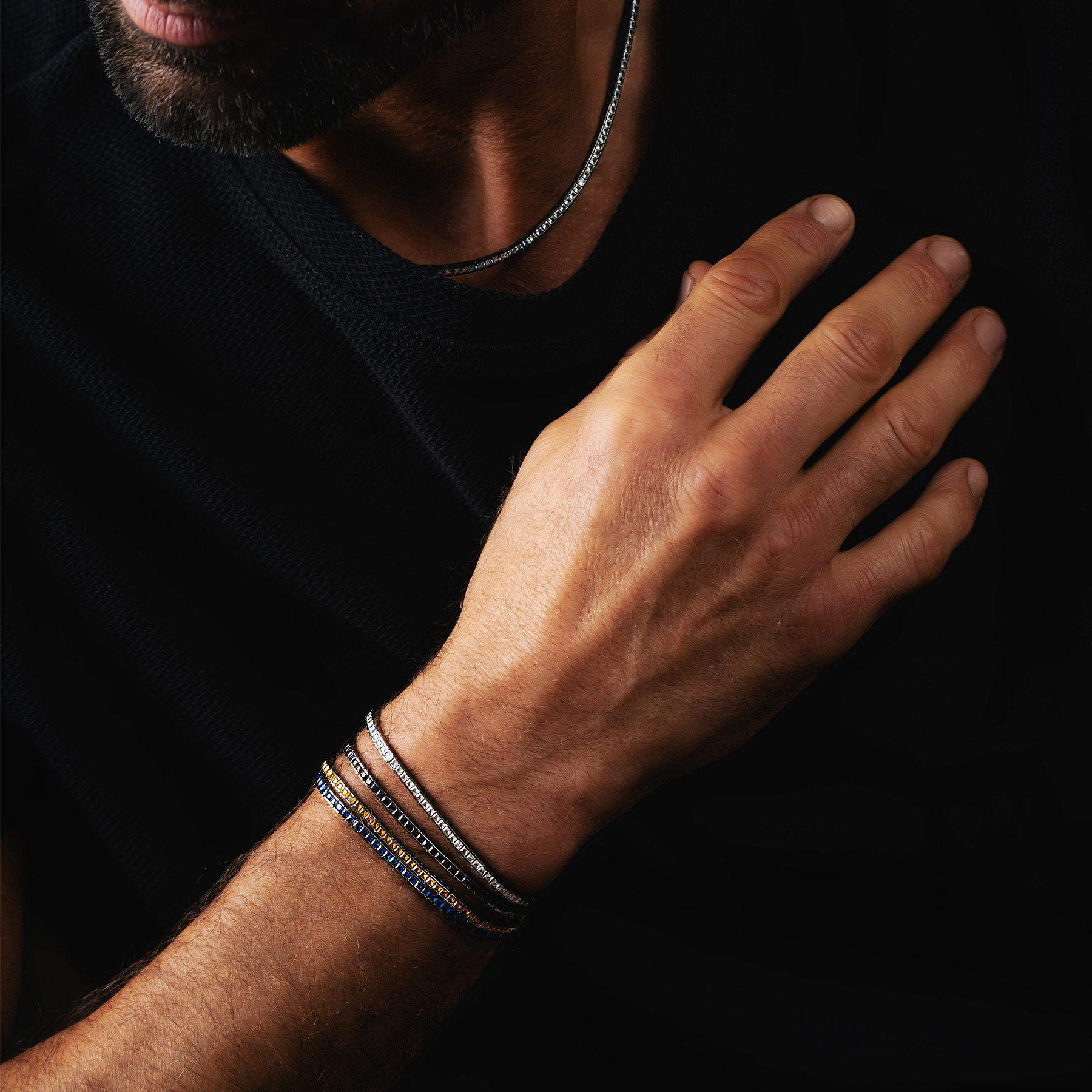 Quadro Tennis Semi-Precious Bracelet In Black Rhodium Plated Sterling Silver With White Spinel