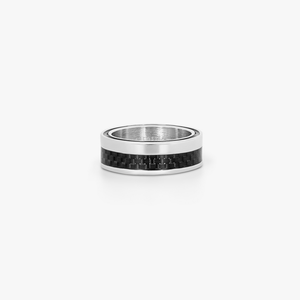Mezzo Ring in Rhodium Plated Sterling Silver with Black Carbon Fibre