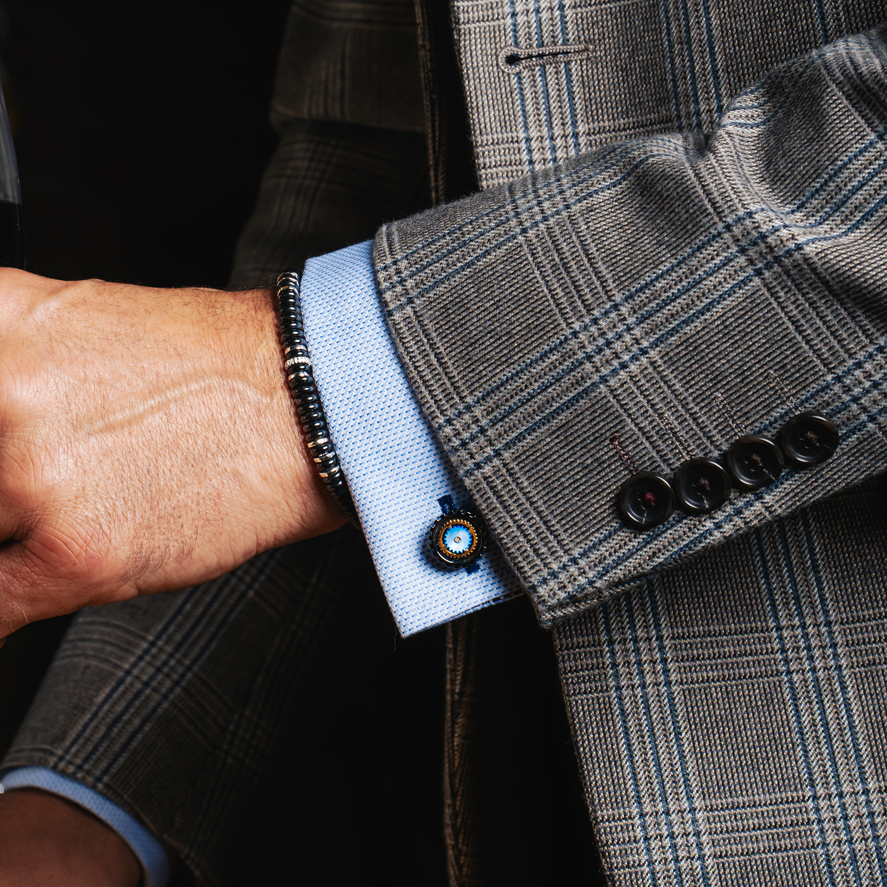 Rotare Gear Cufflinks In Gunmetal Plated Base Metal With Blue Mother Of Pearl