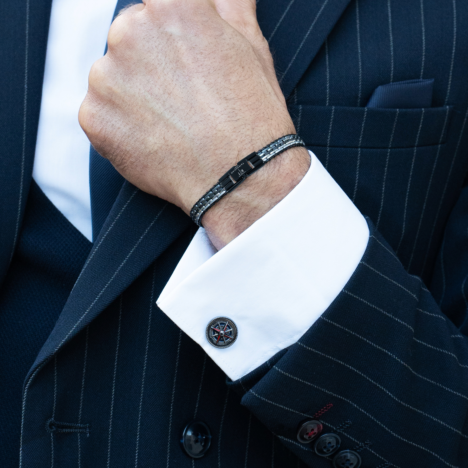 Tessellate Bracelet In Black IP Plated Stainless Steel With Black Leather
