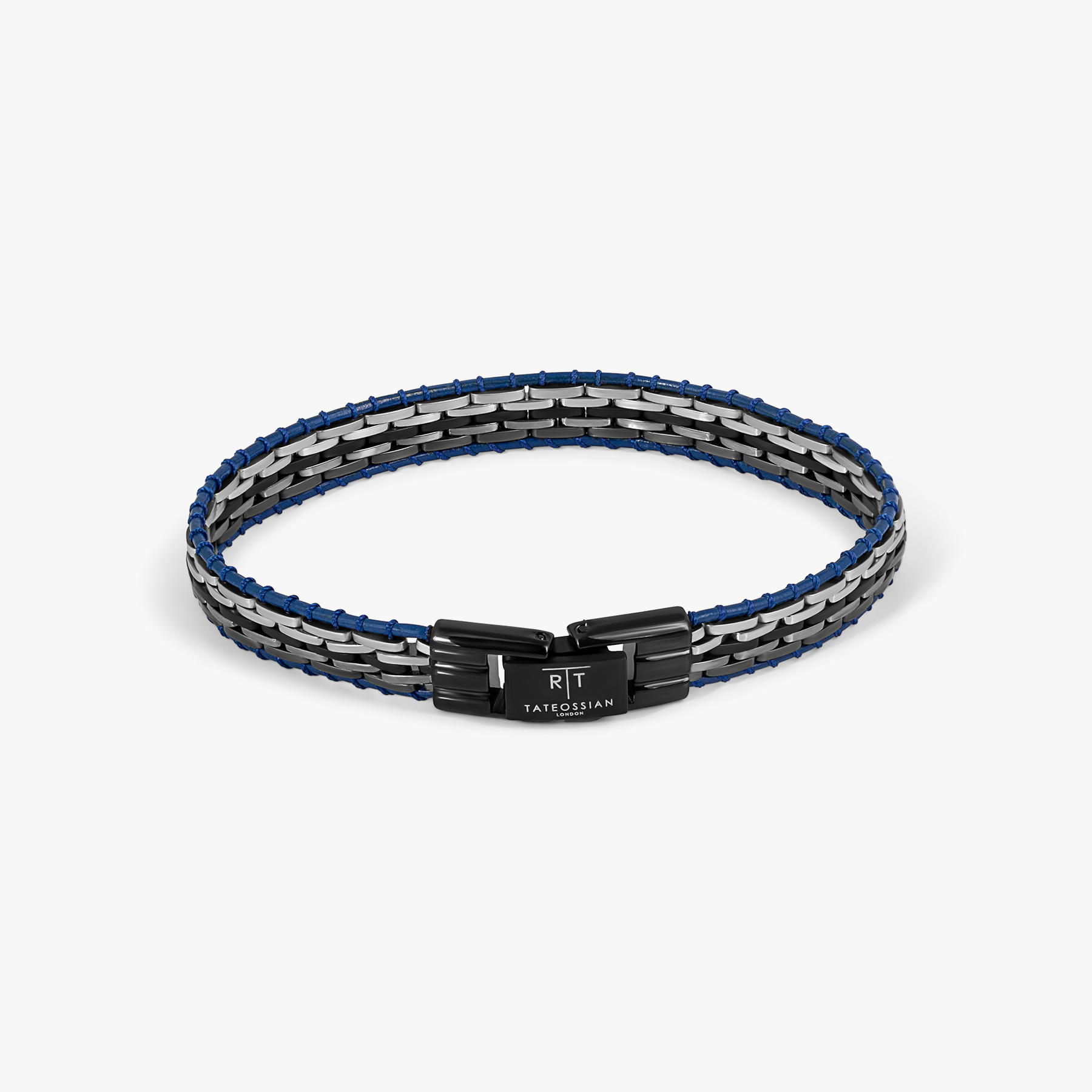 Tessellate Bracelet In Black IP Plated Stainless Steel With Blue Leather