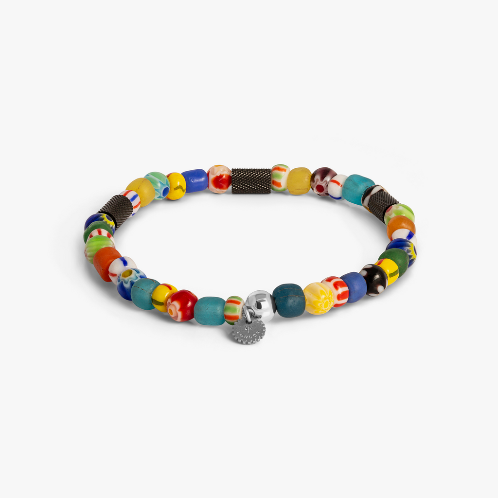 Tutti Frutti bracelet with multicolour frosted and African glass beads, Millefiori accents, and black IP-plated stainless steel clasp engraved with Giza pattern.
