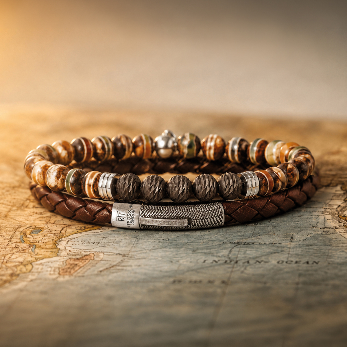 Vintage Herringbone Click Leather Bracelet In Brown with Stainless Steel
