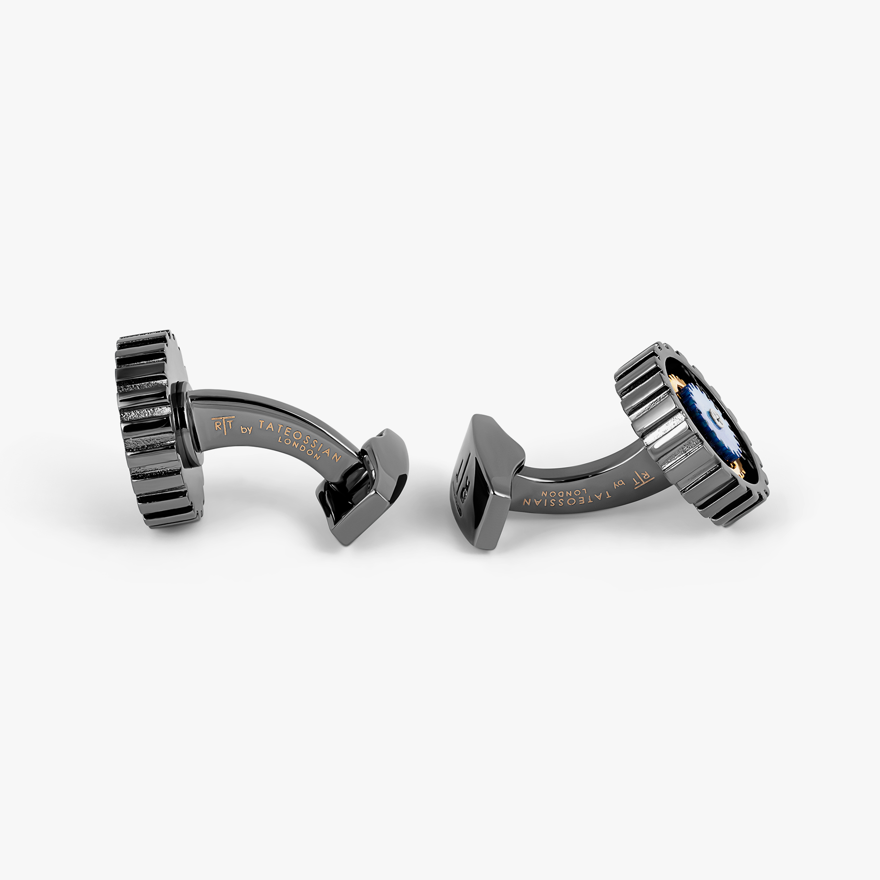 Rotare Gear Cufflinks In Gunmetal Plated Base Metal With Blue Mother Of Pearl
