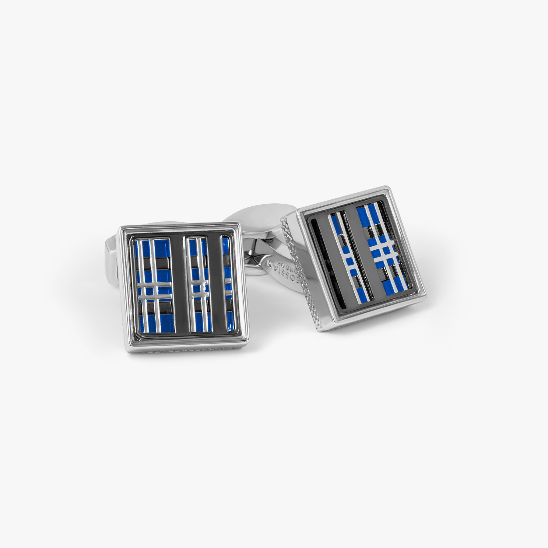Prince of Wales Tweed Cufflinks In Gunmetal Plated Base Metal With Blue Enamel