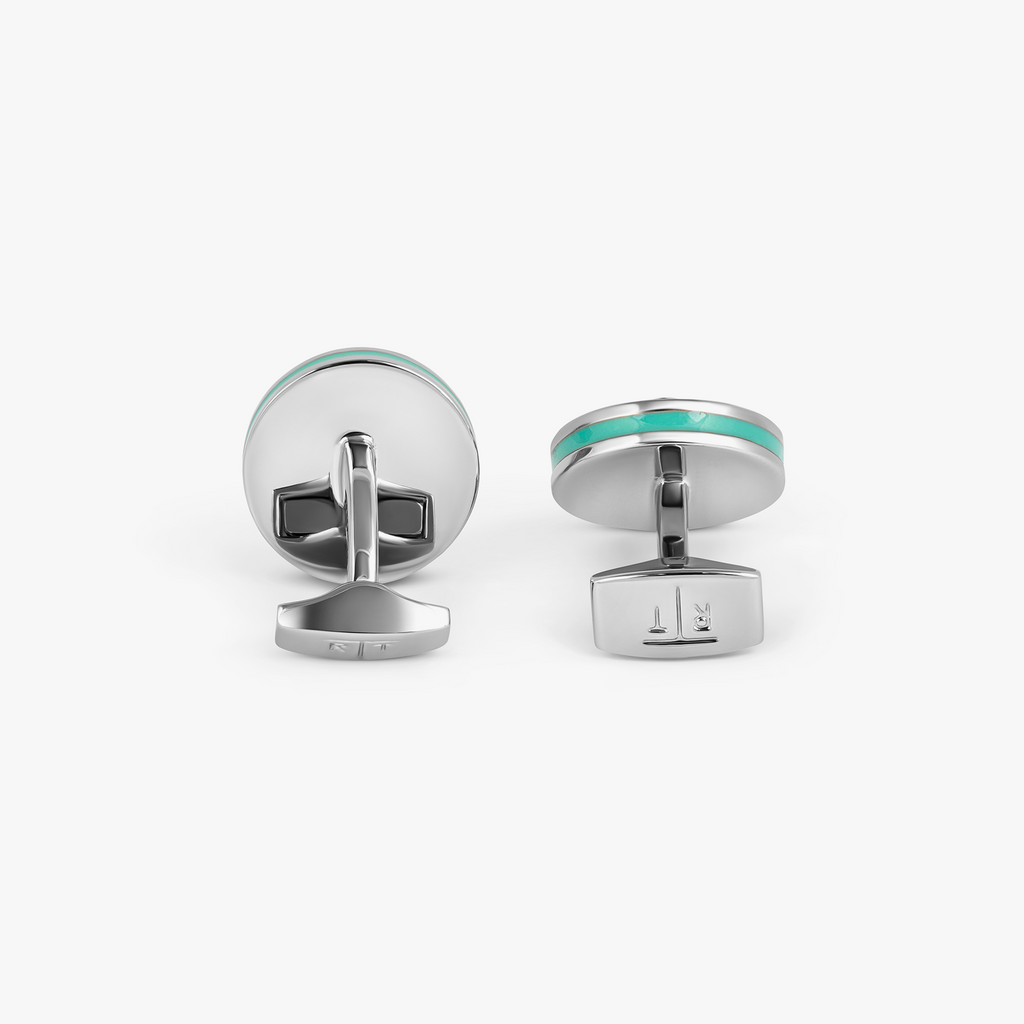 Dome Cutwork Cufflinks In Palladium Plated Base Metal With Turquoise Enamel