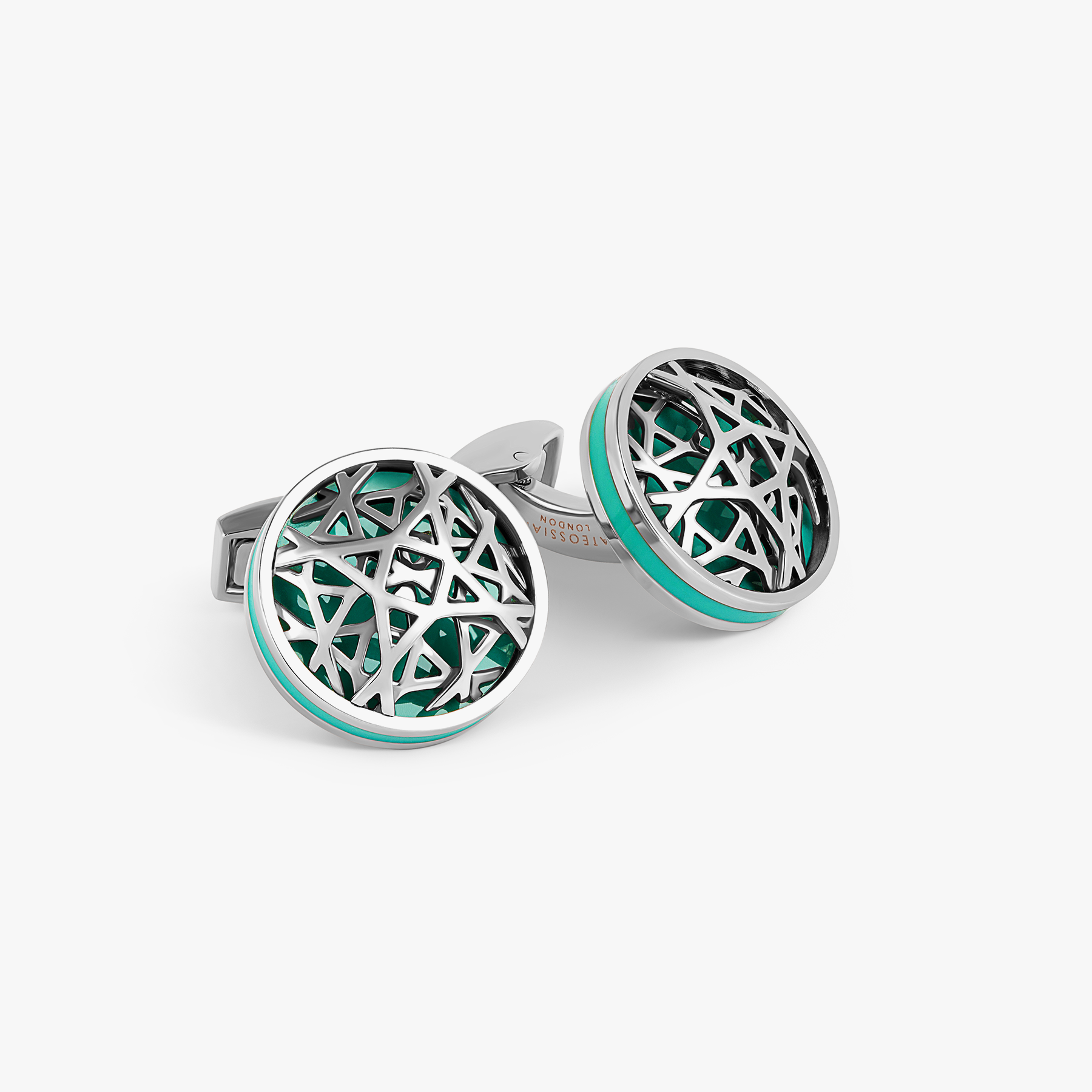 Dome Cutwork Cufflinks In Palladium Plated Base Metal With Turquoise Enamel