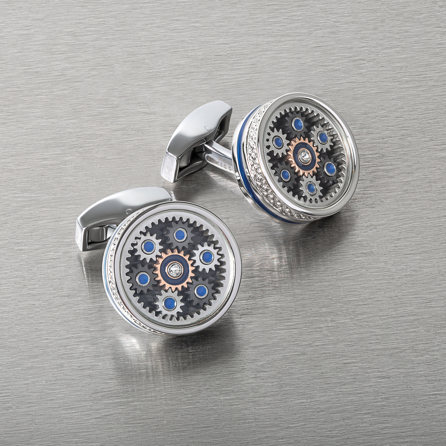 Septa Gear Cufflinks In Rose Gold & Palladium, With Carbon Fibre