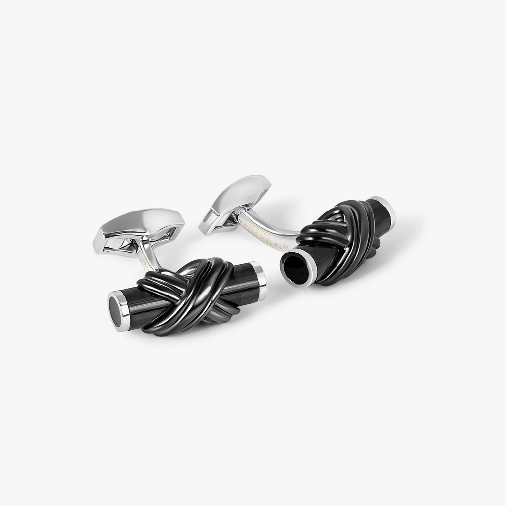 Carbon Infinity Talisman Cufflinks In Palladium Plated Base Metal With Black Carbon Fibre