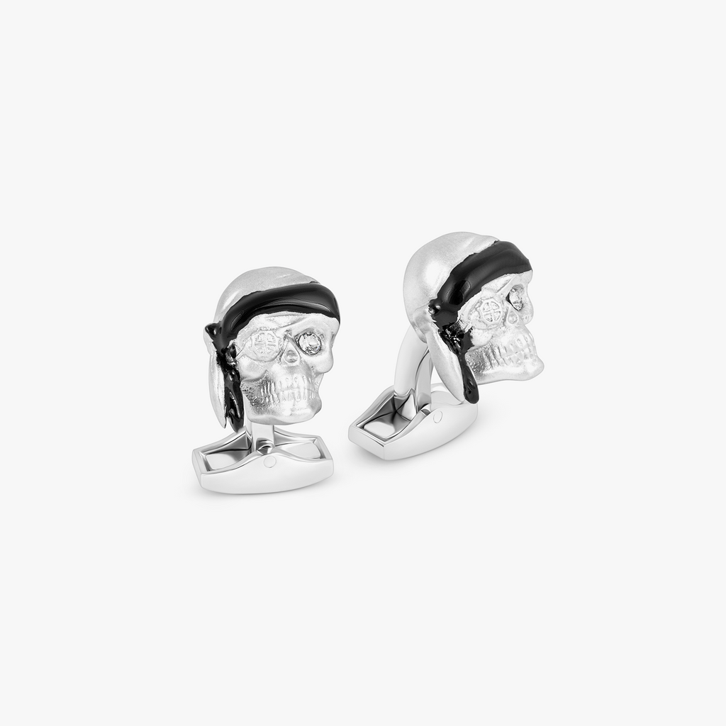 Pirate Skull Cufflinks In Palladium Plated Base Metal With Clear Crystal