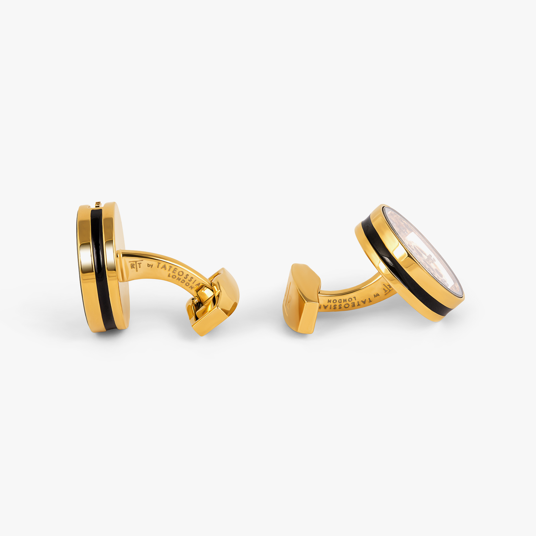Carousel Gear Cufflinks In Yellow Gold Plated Base Metal With Black Enamel