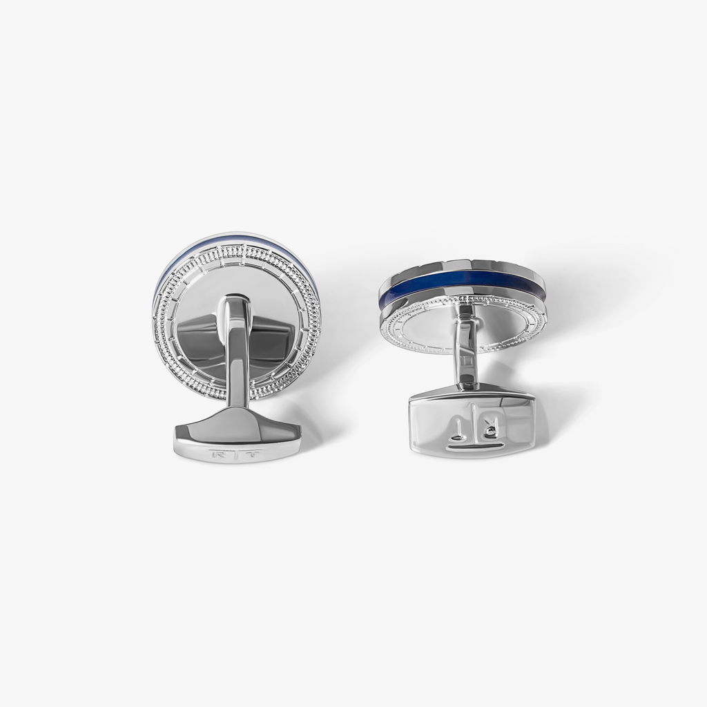 Rotating Astrolabe cufflinks with white mother of pearl, Swarovski crystals, and navy enamel celestial design.