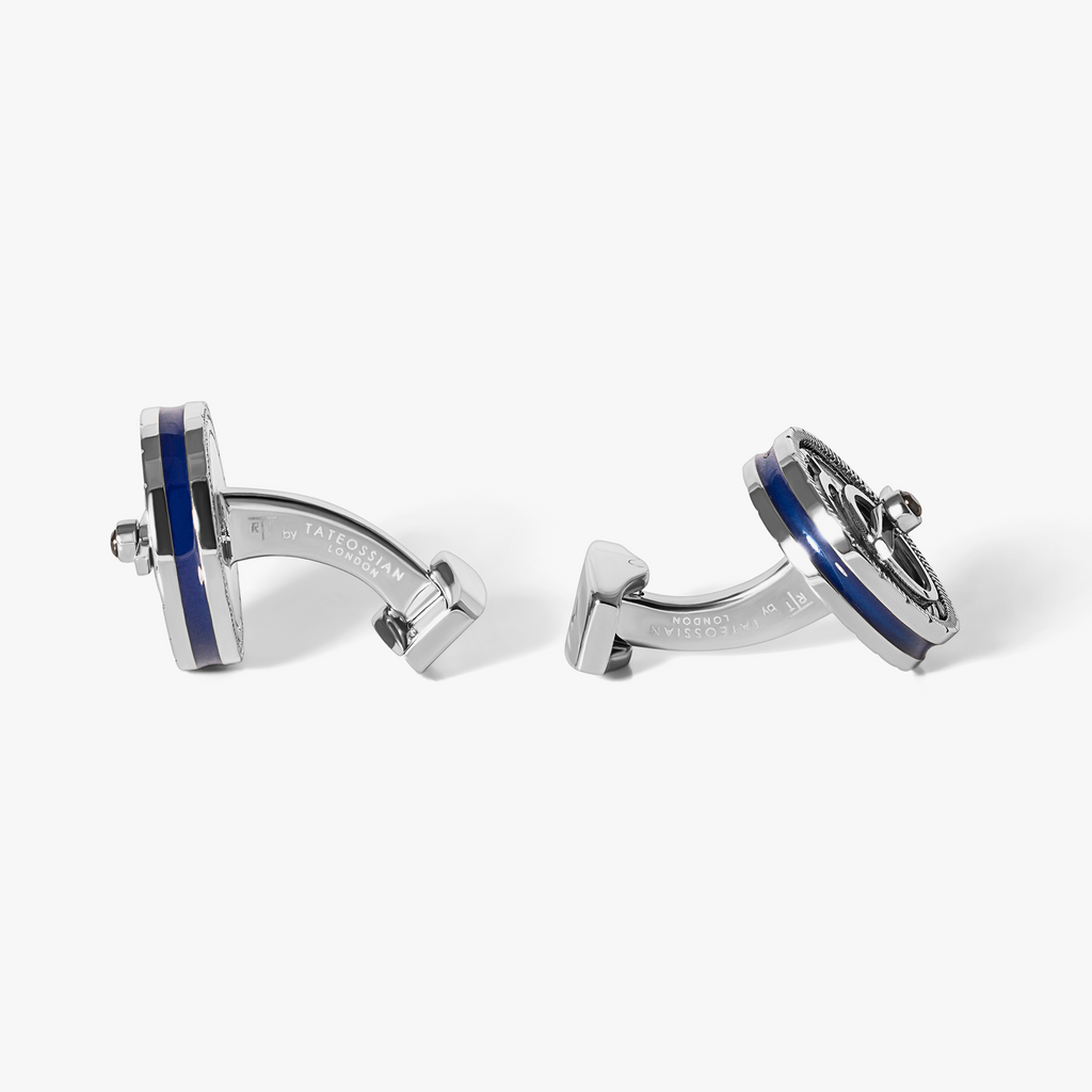 Rotating Astrolabe cufflinks with white mother of pearl, Swarovski crystals, and navy enamel celestial design.