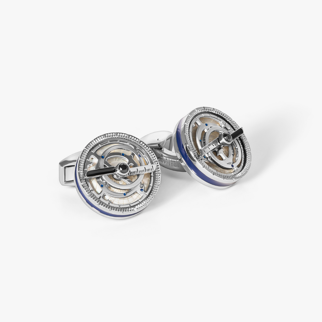 Rotating Astrolabe cufflinks with white mother of pearl, Swarovski crystals, and navy enamel celestial design.