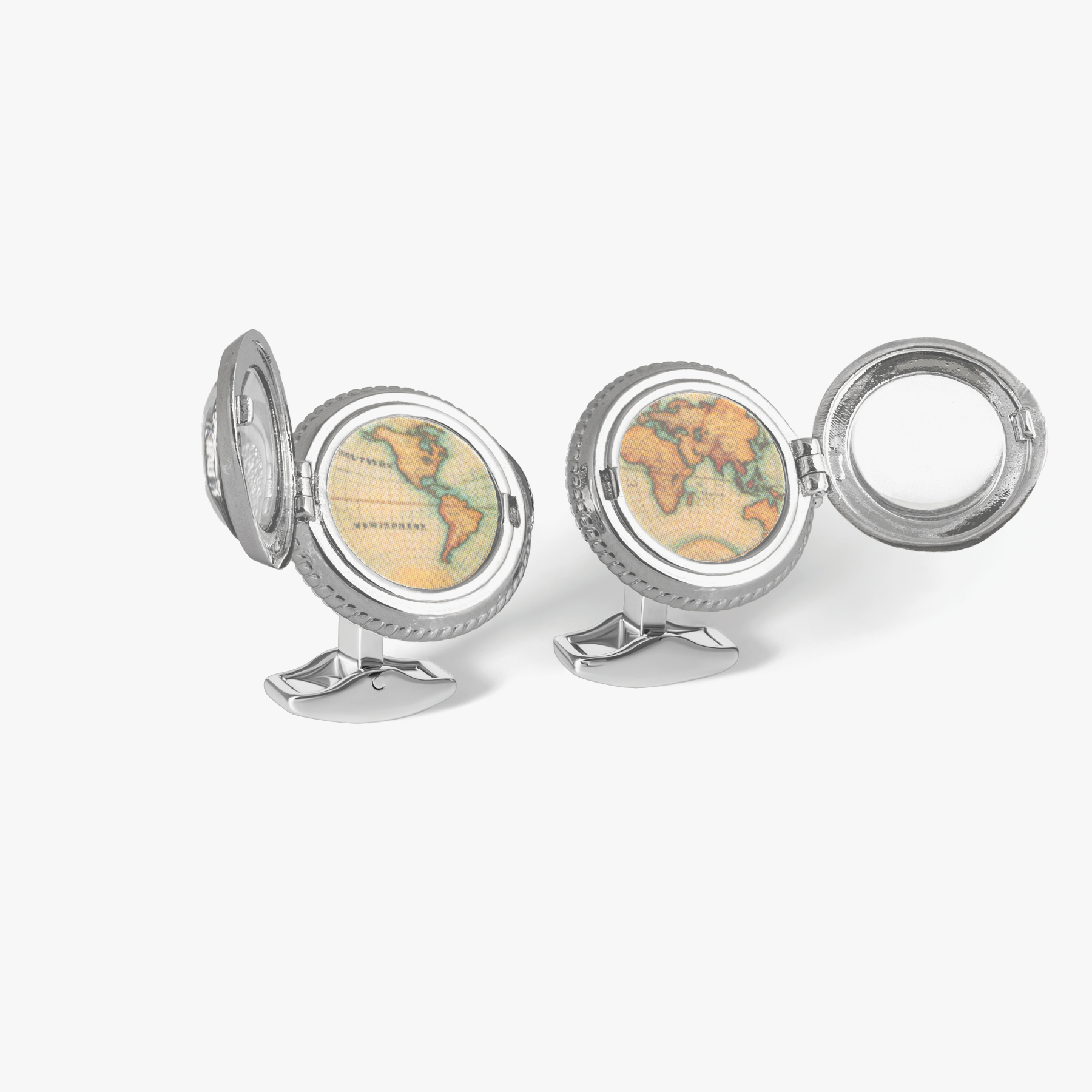 Porthole Picture Frame Cufflink in White Bronze with Vintage World Map