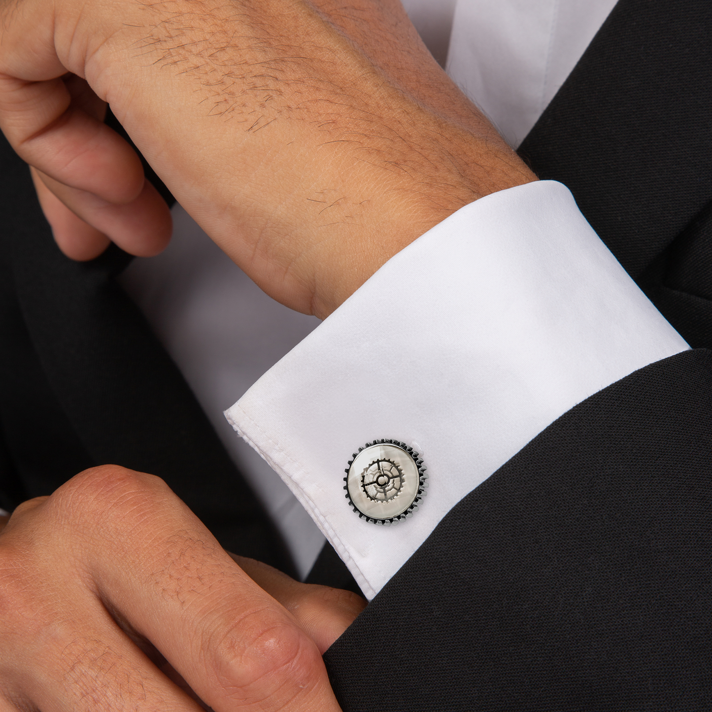 Titanium Rock Crystal Gear Cufflink in White MOP