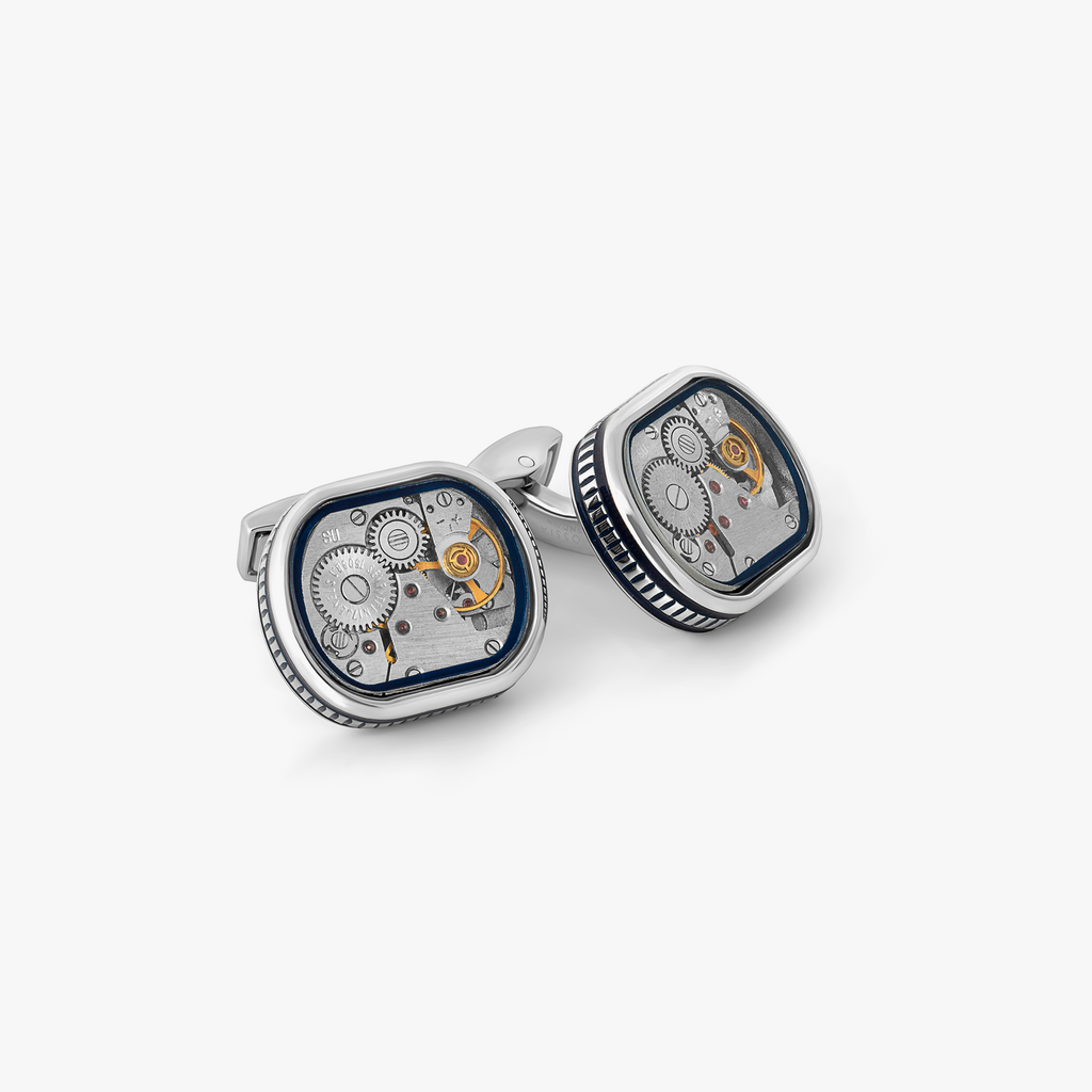 Filleted Skeleton Watch Movement Cufflinks with Navy Enamel